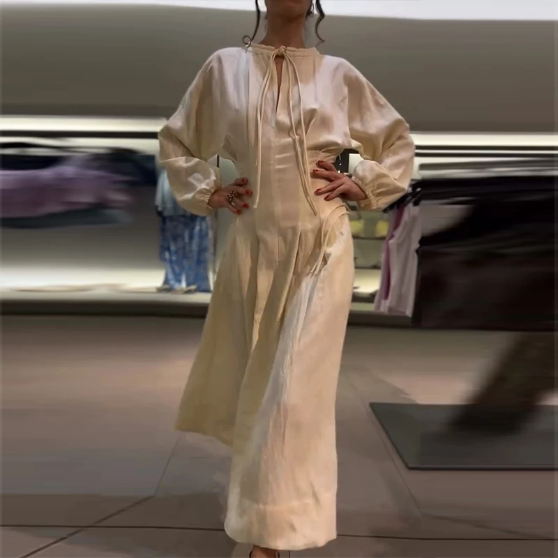 Casual Pleated Women's Dress Solid  Long Sleeve O-Neck Waist-Closed Lace-Up Dresses 2026 Chic Female Vacation Holiday Robe