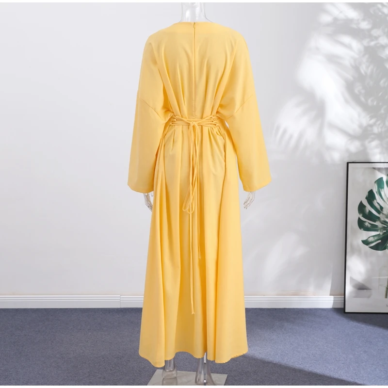 Casual Pleated Women's Dress Solid  Long Sleeve O-Neck Waist-Closed Lace-Up Dresses 2026 Chic Female Vacation Holiday Robe