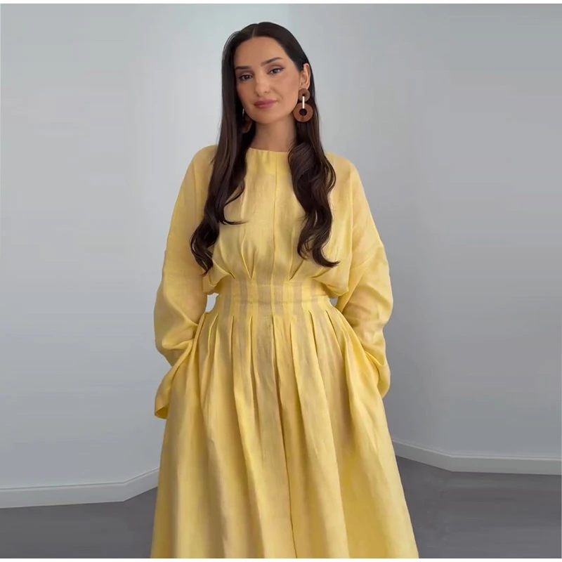 Casual Pleated Women's Dress Solid  Long Sleeve O-Neck Waist-Closed Lace-Up Dresses 2026 Chic Female Vacation Holiday Robe