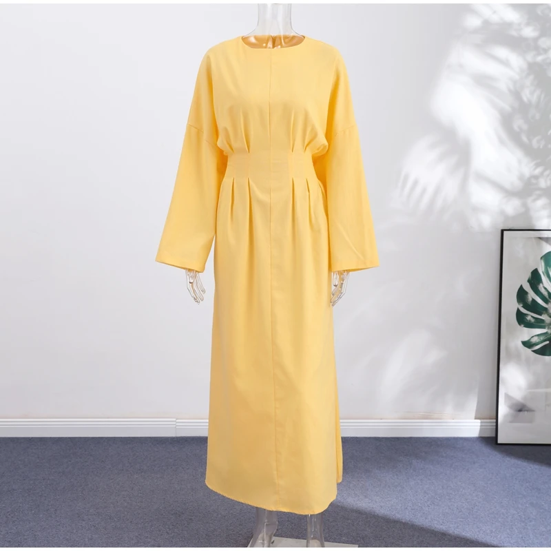 Casual Pleated Women's Dress Solid  Long Sleeve O-Neck Waist-Closed Lace-Up Dresses 2026 Chic Female Vacation Holiday Robe