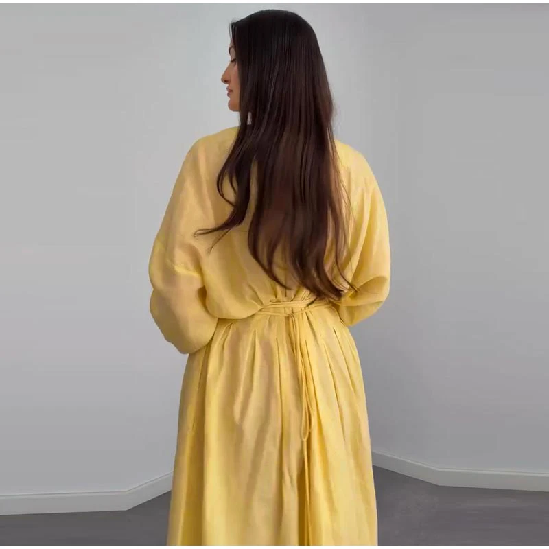 Casual Pleated Women's Dress Solid  Long Sleeve O-Neck Waist-Closed Lace-Up Dresses 2026 Chic Female Vacation Holiday Robe