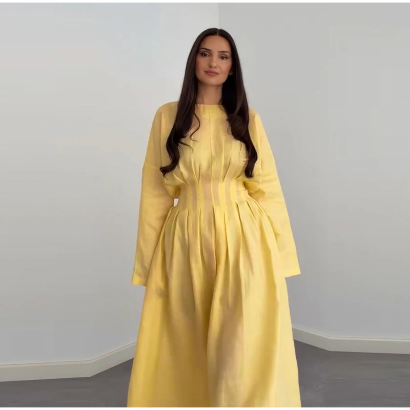 Casual Pleated Women's Dress Solid  Long Sleeve O-Neck Waist-Closed Lace-Up Dresses 2026 Chic Female Vacation Holiday Robe