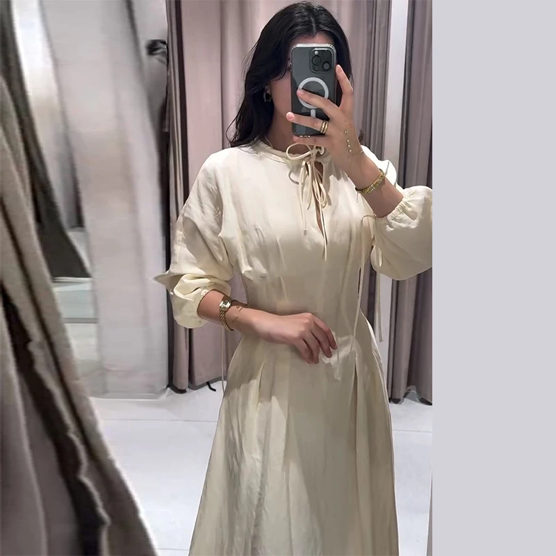 Casual Pleated Women's Dress Solid  Long Sleeve O-Neck Waist-Closed Lace-Up Dresses 2026 Chic Female Vacation Holiday Robe