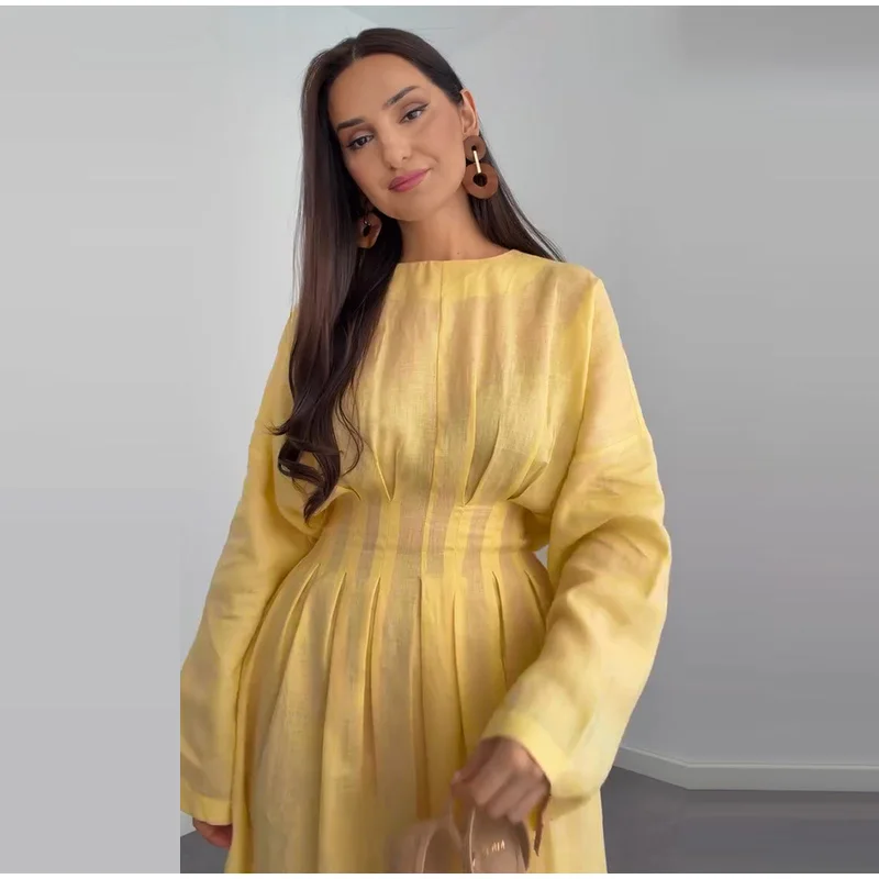 Casual Pleated Women's Dress Solid  Long Sleeve O-Neck Waist-Closed Lace-Up Dresses 2026 Chic Female Vacation Holiday Robe