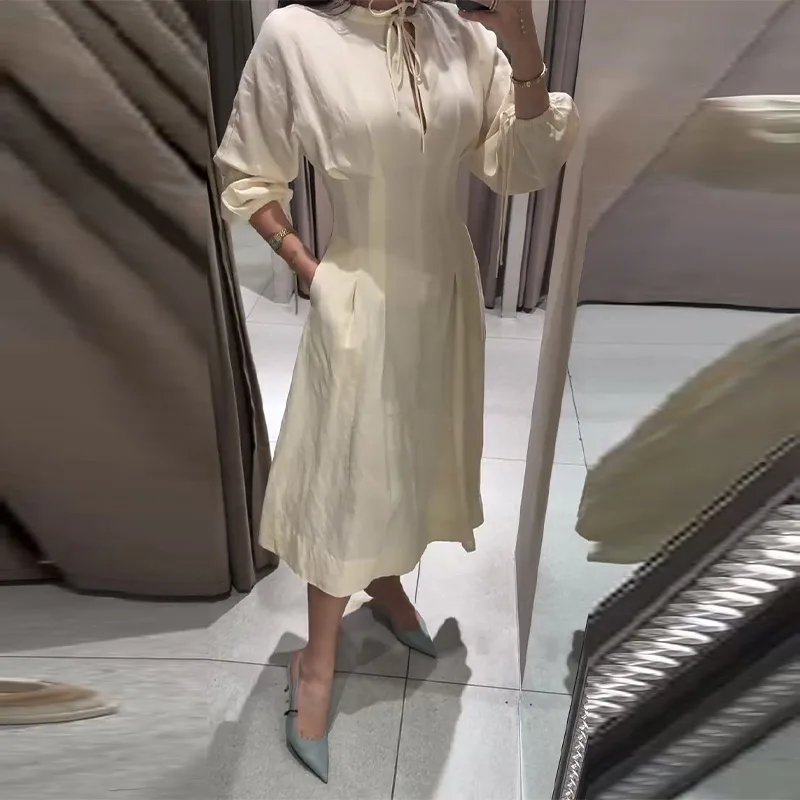 Casual Pleated Women's Dress Solid  Long Sleeve O-Neck Waist-Closed Lace-Up Dresses 2026 Chic Female Vacation Holiday Robe