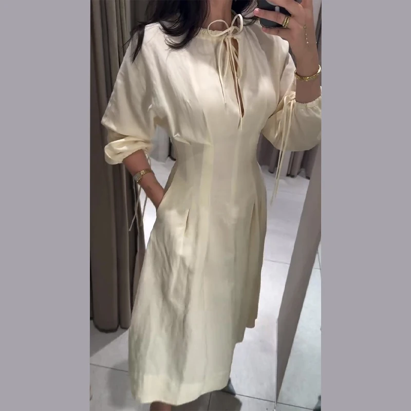 Casual Pleated Women's Dress Solid  Long Sleeve O-Neck Waist-Closed Lace-Up Dresses 2026 Chic Female Vacation Holiday Robe