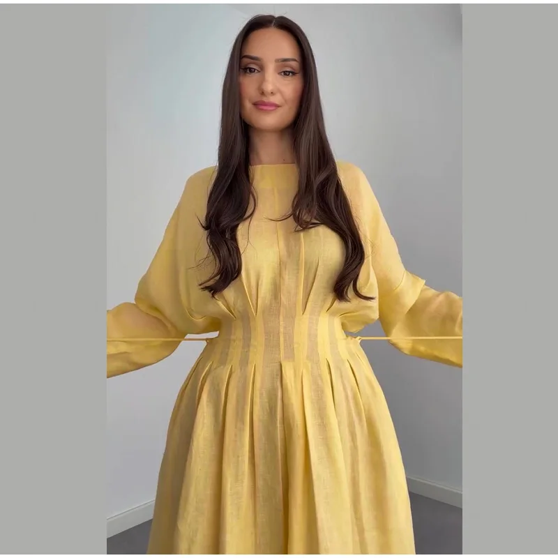 Casual Pleated Women's Dress Solid  Long Sleeve O-Neck Waist-Closed Lace-Up Dresses 2026 Chic Female Vacation Holiday Robe