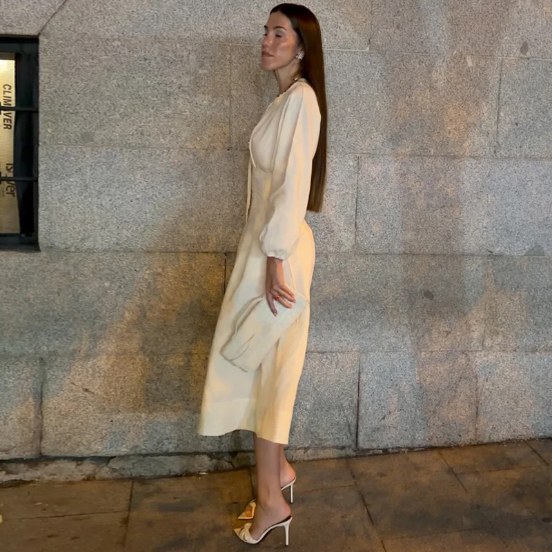 Casual Pleated Women's Dress Solid  Long Sleeve O-Neck Waist-Closed Lace-Up Dresses 2026 Chic Female Vacation Holiday Robe