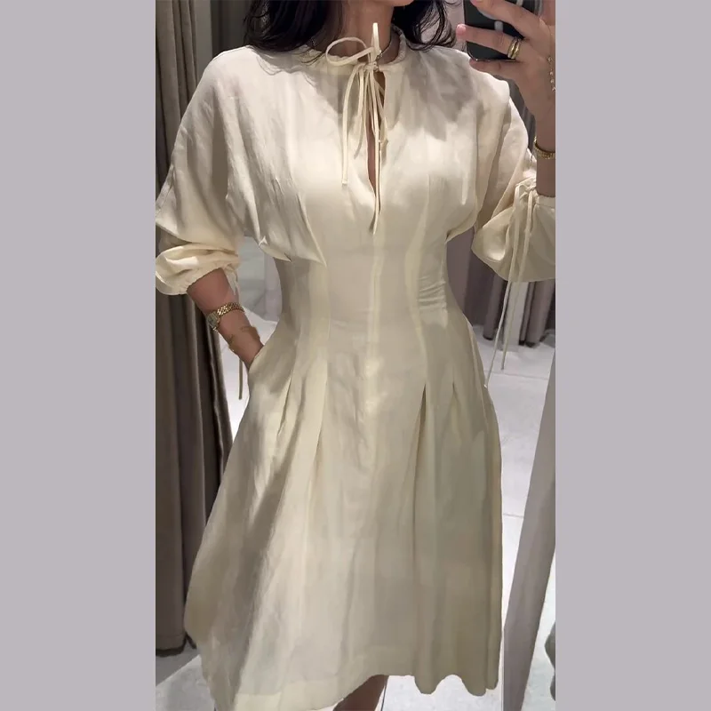 Casual Pleated Women's Dress Solid  Long Sleeve O-Neck Waist-Closed Lace-Up Dresses 2026 Chic Female Vacation Holiday Robe