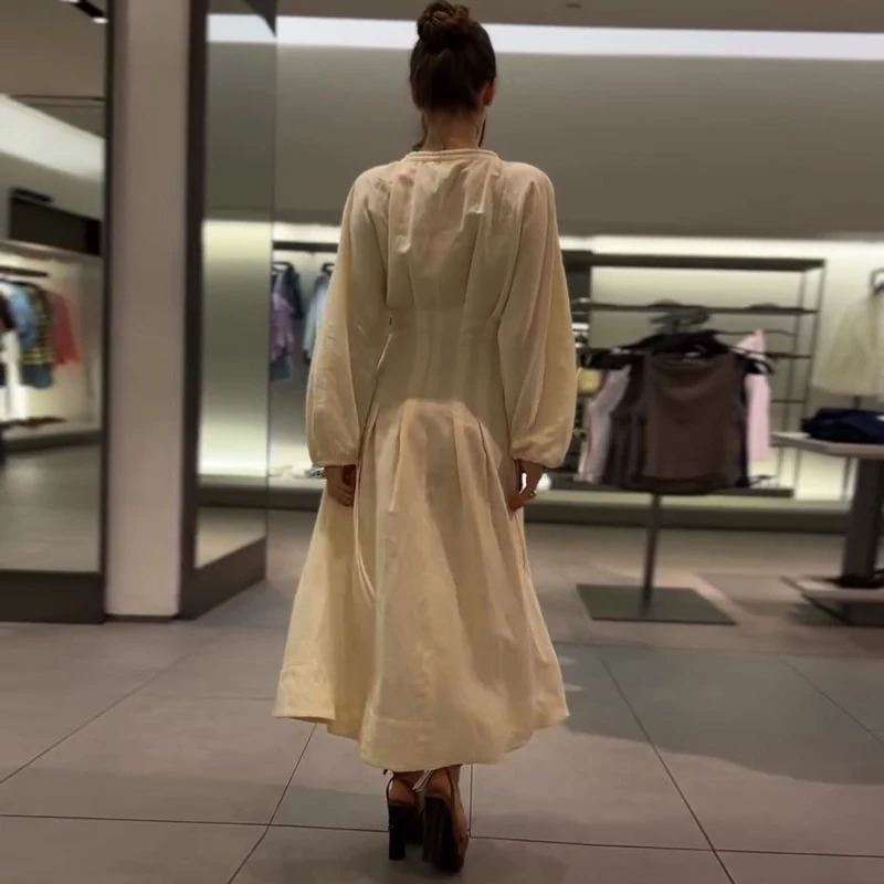 Casual Pleated Women's Dress Solid  Long Sleeve O-Neck Waist-Closed Lace-Up Dresses 2026 Chic Female Vacation Holiday Robe