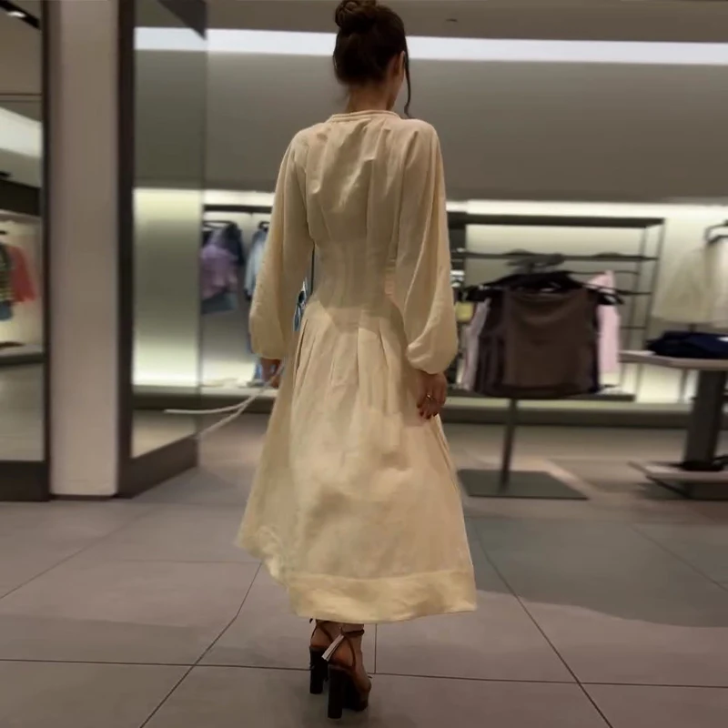 Casual Pleated Women's Dress Solid  Long Sleeve O-Neck Waist-Closed Lace-Up Dresses 2026 Chic Female Vacation Holiday Robe