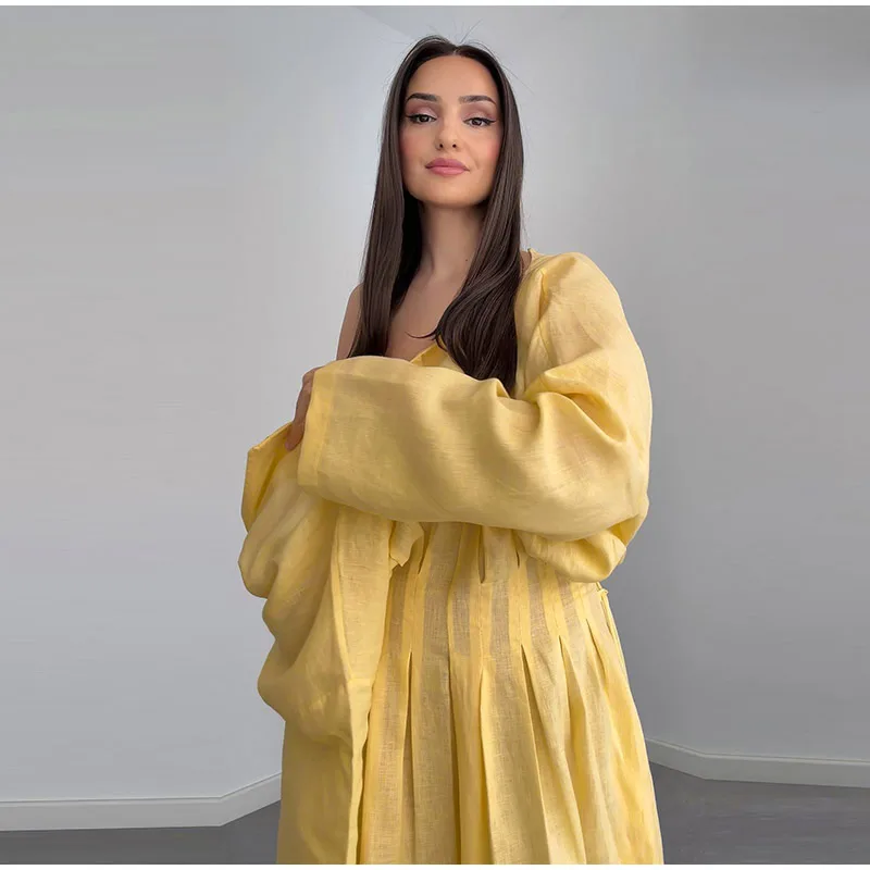 Casual Pleated Women's Dress Solid  Long Sleeve O-Neck Waist-Closed Lace-Up Dresses 2026 Chic Female Vacation Holiday Robe