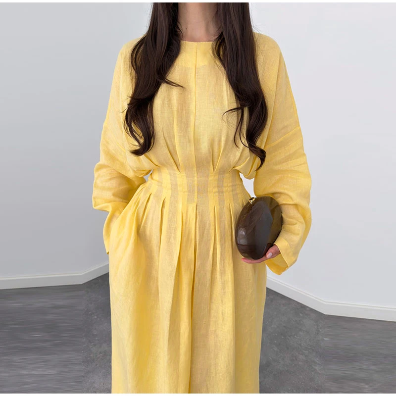 Casual Pleated Women's Dress Solid  Long Sleeve O-Neck Waist-Closed Lace-Up Dresses 2026 Chic Female Vacation Holiday Robe