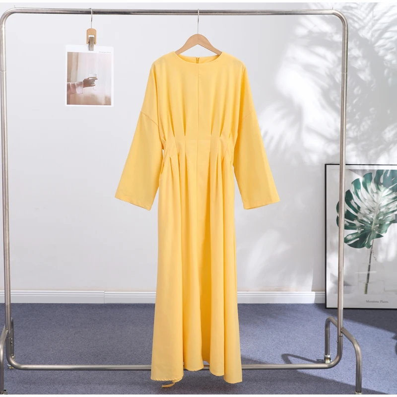 Casual Pleated Women's Dress Solid  Long Sleeve O-Neck Waist-Closed Lace-Up Dresses 2026 Chic Female Vacation Holiday Robe