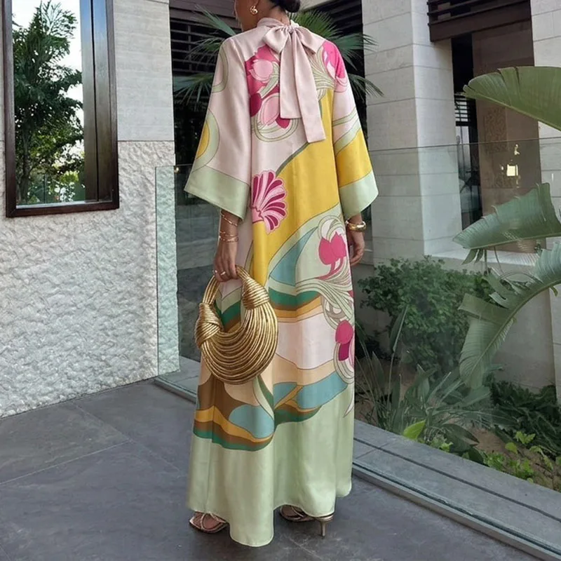 Vintage Art Floral Printed Satin Dress Womens New Flared Sleeve Loose A Line Maxi Dress Boho Summer Beach Resort Elegant Dresses