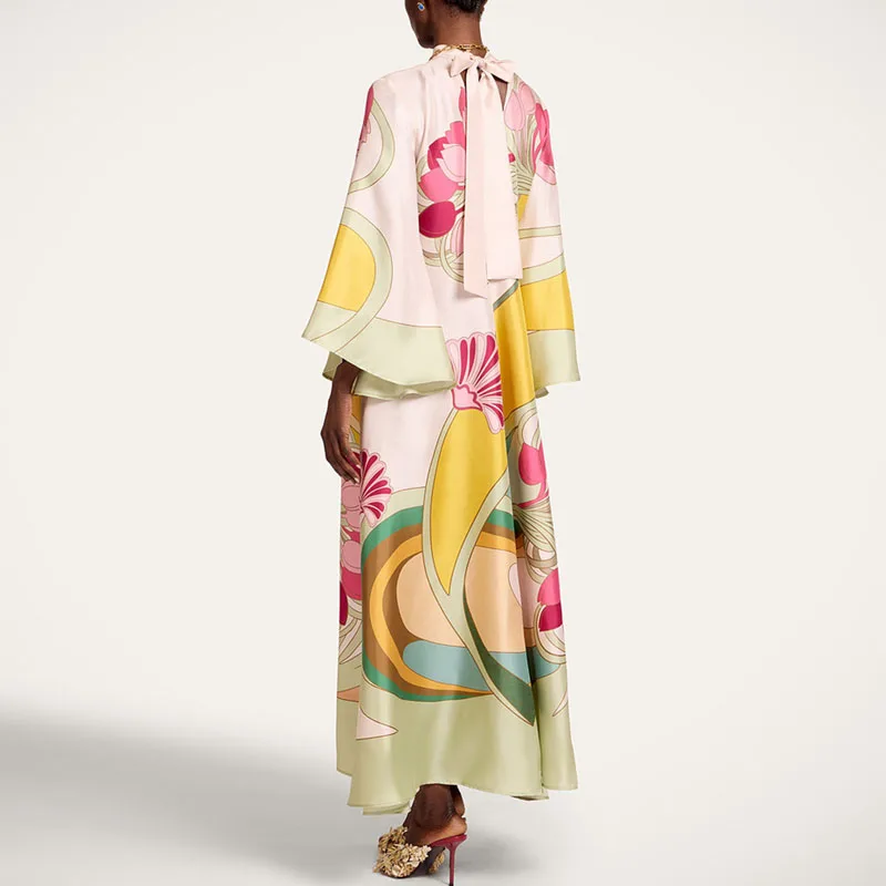 Vintage Art Floral Printed Satin Dress Womens New Flared Sleeve Loose A Line Maxi Dress Boho Summer Beach Resort Elegant Dresses