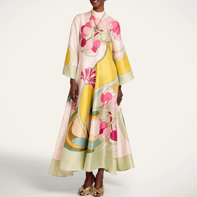 Vintage Art Floral Printed Satin Dress Womens New Flared Sleeve Loose A Line Maxi Dress Boho Summer Beach Resort Elegant Dresses