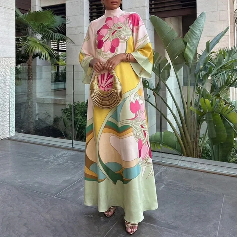 Vintage Art Floral Printed Satin Dress Womens New Flared Sleeve Loose A Line Maxi Dress Boho Summer Beach Resort Elegant Dresses
