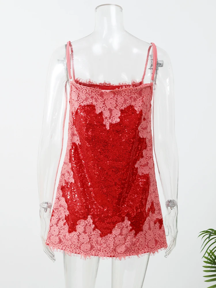 Sexy Sequin Lace Trim Mini Dress Women Fashion V-neck Sleeveless High Waist Female Sling Dresses 2026 Summer Lady Vacation Robes