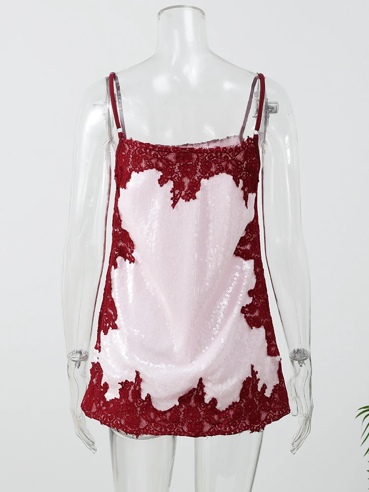 Sexy Sequin Lace Trim Mini Dress Women Fashion V-neck Sleeveless High Waist Female Sling Dresses 2026 Summer Lady Vacation Robes