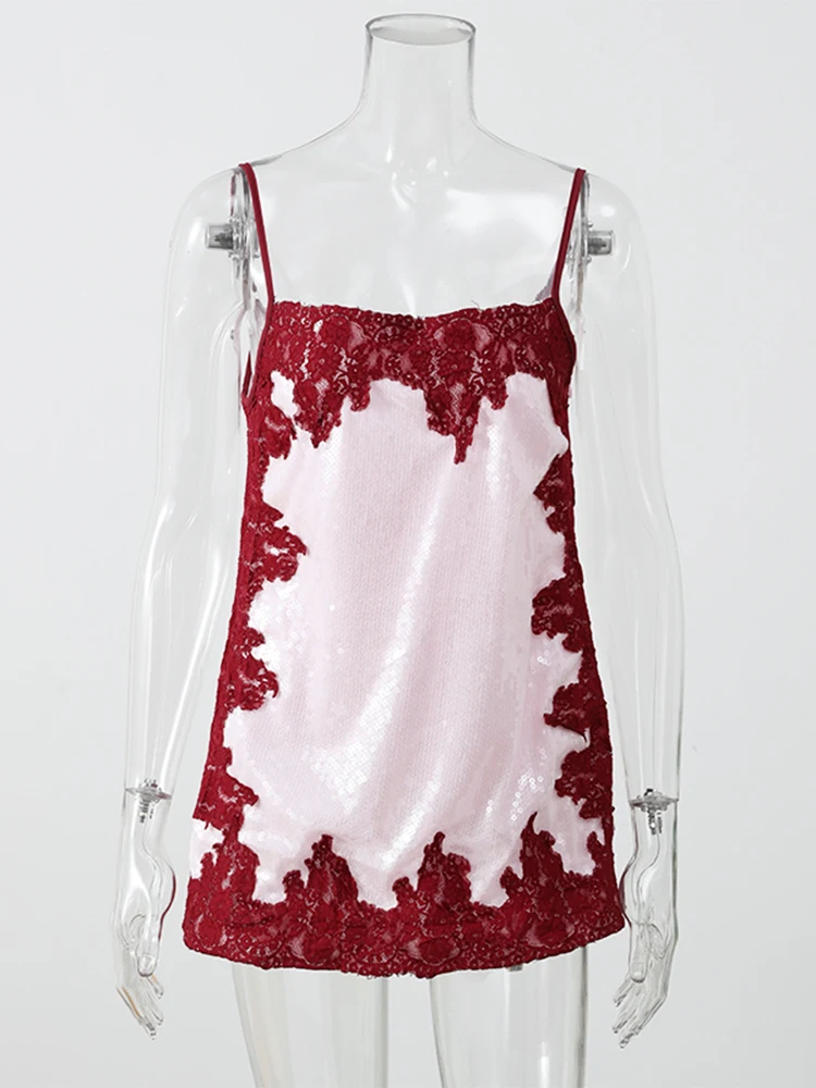 Sexy Sequin Lace Trim Mini Dress Women Fashion V-neck Sleeveless High Waist Female Sling Dresses 2026 Summer Lady Vacation Robes