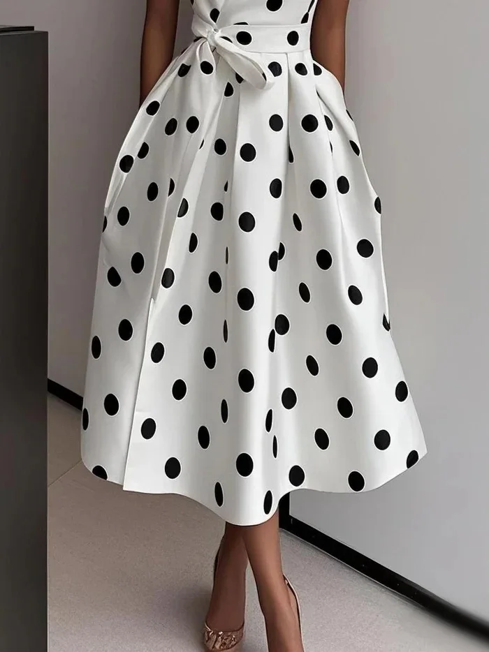 2026 Summer Dresses for Women Sleeveless Retro French Polka Dot V-Neck Black White Pin Up Party Rope Big Swing Vestidos