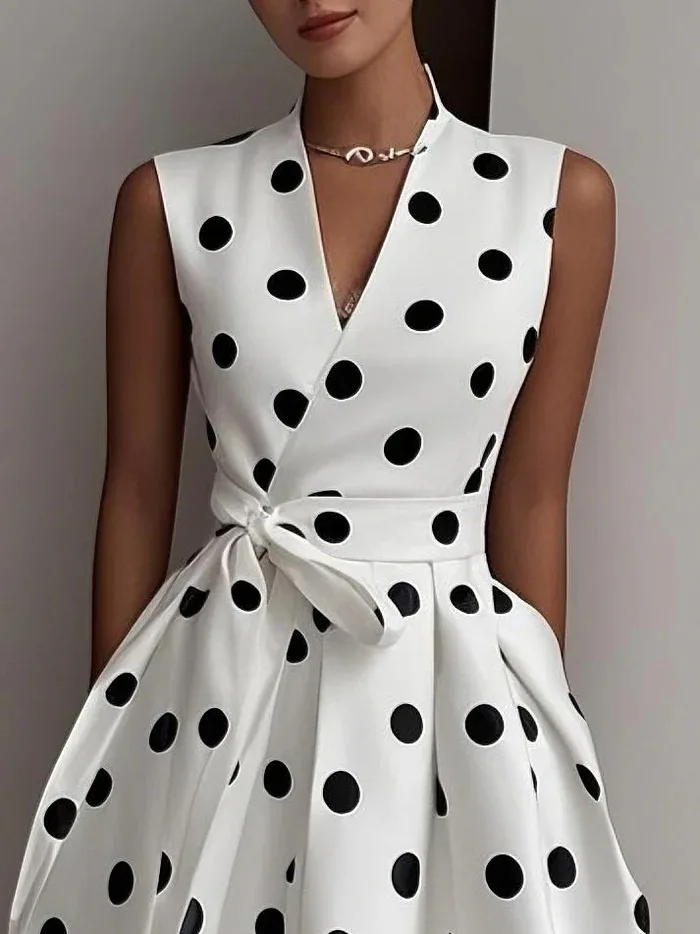 2026 Summer Dresses for Women Sleeveless Retro French Polka Dot V-Neck Black White Pin Up Party Rope Big Swing Vestidos