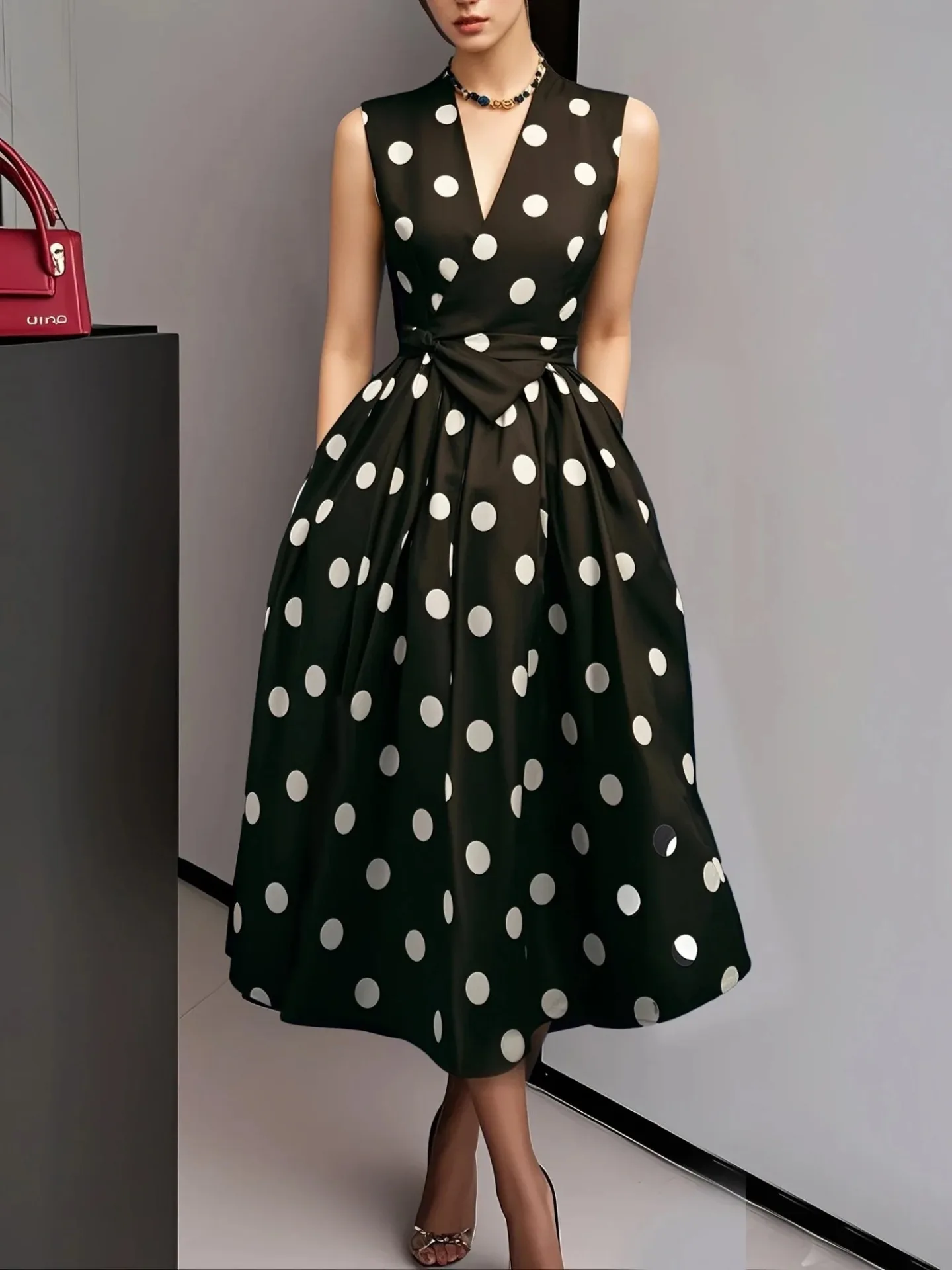 2026 Summer Dresses for Women Sleeveless Retro French Polka Dot V-Neck Black White Pin Up Party Rope Big Swing Vestidos