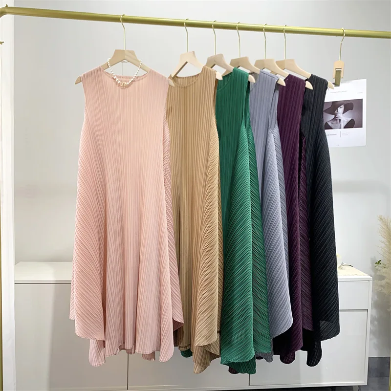 ALSEY Miyake Pleated Fashion Sleeveless Women for Dress Summer New Elegant O-neck Solid Color Loose Simple Casual Party Dress