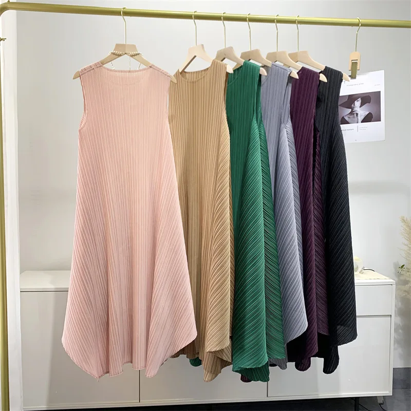 ALSEY Miyake Pleated Fashion Sleeveless Women for Dress Summer New Elegant O-neck Solid Color Loose Simple Casual Party Dress