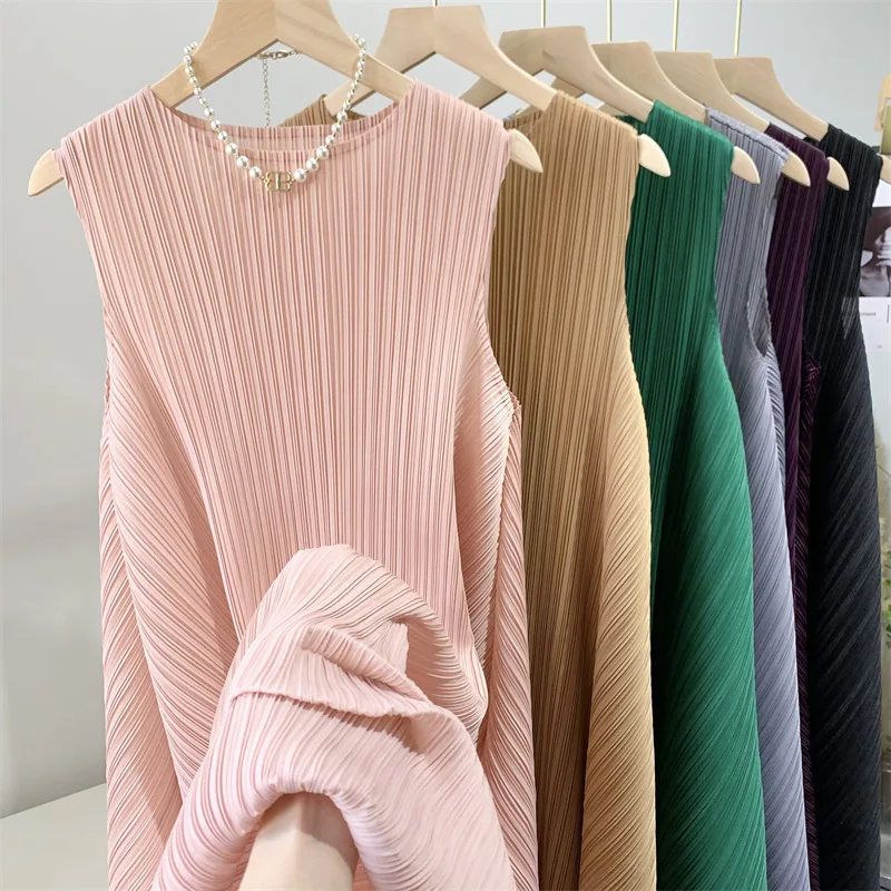 ALSEY Miyake Pleated Fashion Sleeveless Women for Dress Summer New Elegant O-neck Solid Color Loose Simple Casual Party Dress