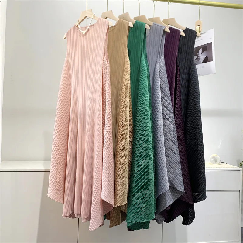 ALSEY Miyake Pleated Fashion Sleeveless Women for Dress Summer New Elegant O-neck Solid Color Loose Simple Casual Party Dress