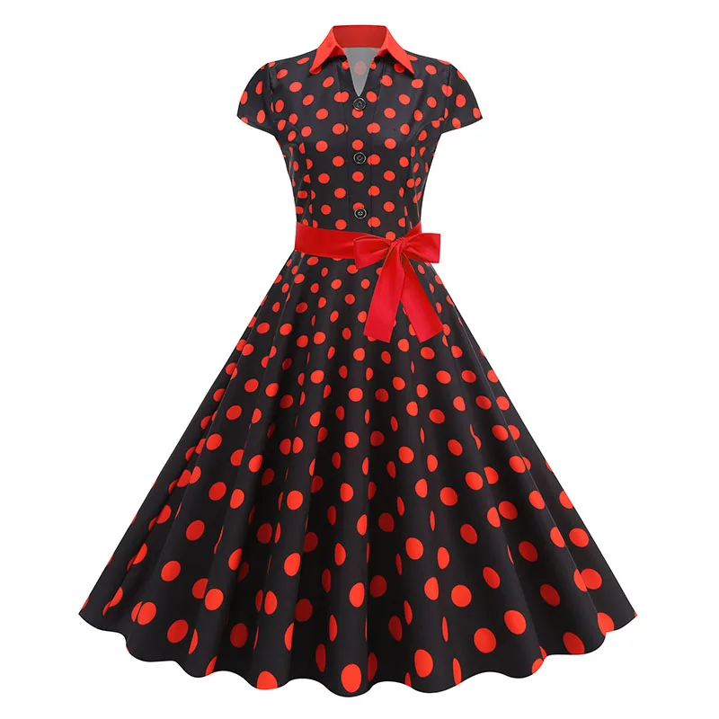 Summer Women's Dress Elegant Vintage 1950s Polka Dot Print Turn-Down Collar Party Robe Sundress with Belt