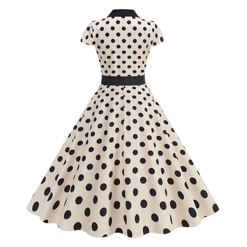 Summer Women's Dress Elegant Vintage 1950s Polka Dot Print Turn-Down Collar Party Robe Sundress with Belt