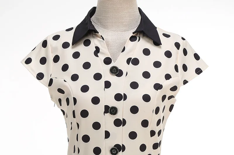 Summer Women's Dress Elegant Vintage 1950s Polka Dot Print Turn-Down Collar Party Robe Sundress with Belt