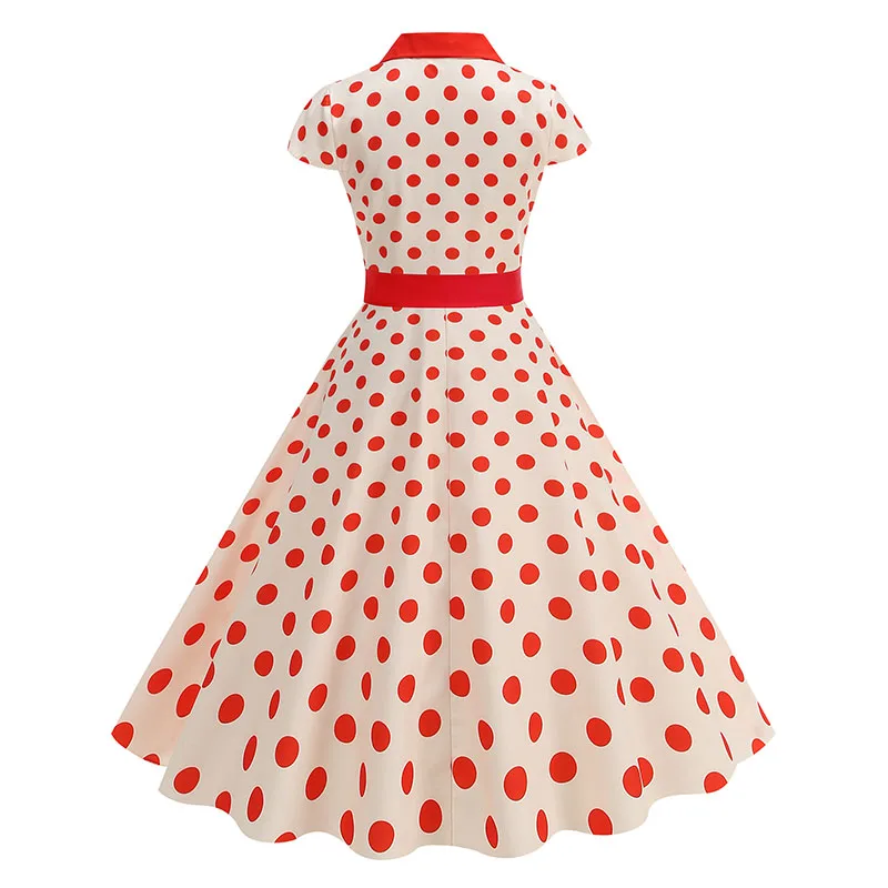Summer Women's Dress Elegant Vintage 1950s Polka Dot Print Turn-Down Collar Party Robe Sundress with Belt