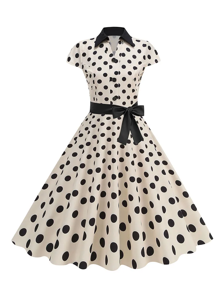 Summer Women's Dress Elegant Vintage 1950s Polka Dot Print Turn-Down Collar Party Robe Sundress with Belt