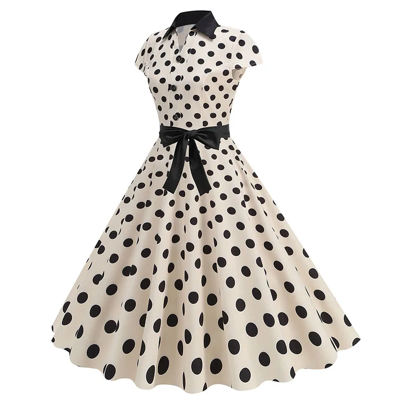 Summer Women's Dress Elegant Vintage 1950s Polka Dot Print Turn-Down Collar Party Robe Sundress with Belt