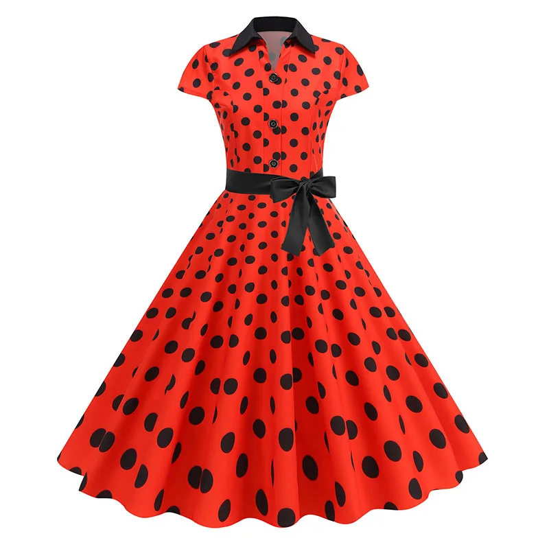 Summer Women's Dress Elegant Vintage 1950s Polka Dot Print Turn-Down Collar Party Robe Sundress with Belt