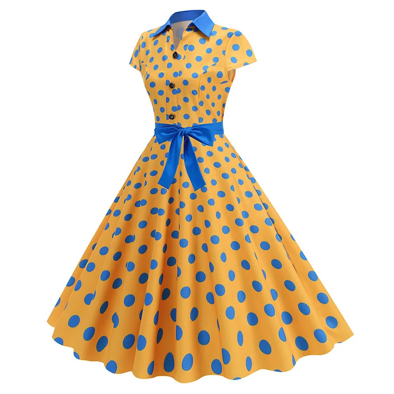 Summer Women's Dress Elegant Vintage 1950s Polka Dot Print Turn-Down Collar Party Robe Sundress with Belt