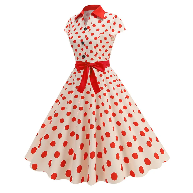 Summer Women's Dress Elegant Vintage 1950s Polka Dot Print Turn-Down Collar Party Robe Sundress with Belt