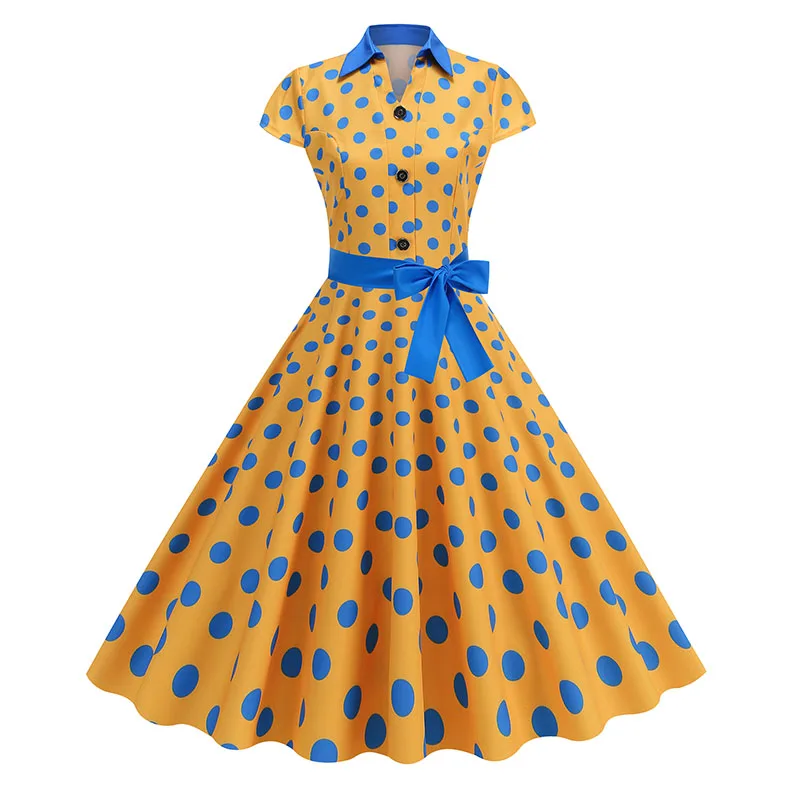 Summer Women's Dress Elegant Vintage 1950s Polka Dot Print Turn-Down Collar Party Robe Sundress with Belt