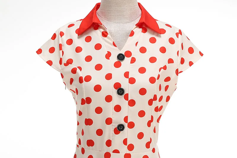 Summer Women's Dress Elegant Vintage 1950s Polka Dot Print Turn-Down Collar Party Robe Sundress with Belt