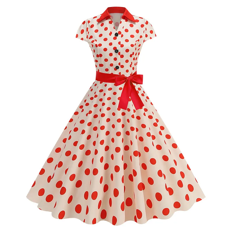 Summer Women's Dress Elegant Vintage 1950s Polka Dot Print Turn-Down Collar Party Robe Sundress with Belt