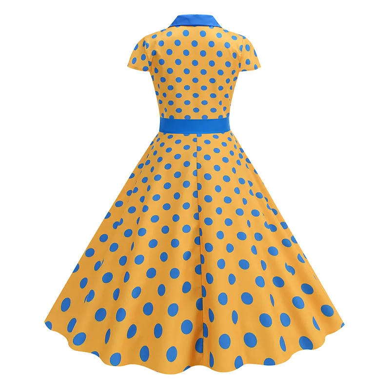 Summer Women's Dress Elegant Vintage 1950s Polka Dot Print Turn-Down Collar Party Robe Sundress with Belt