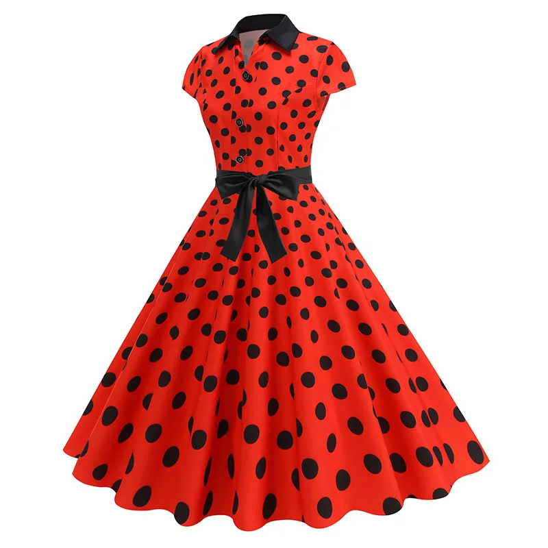 Summer Women's Dress Elegant Vintage 1950s Polka Dot Print Turn-Down Collar Party Robe Sundress with Belt