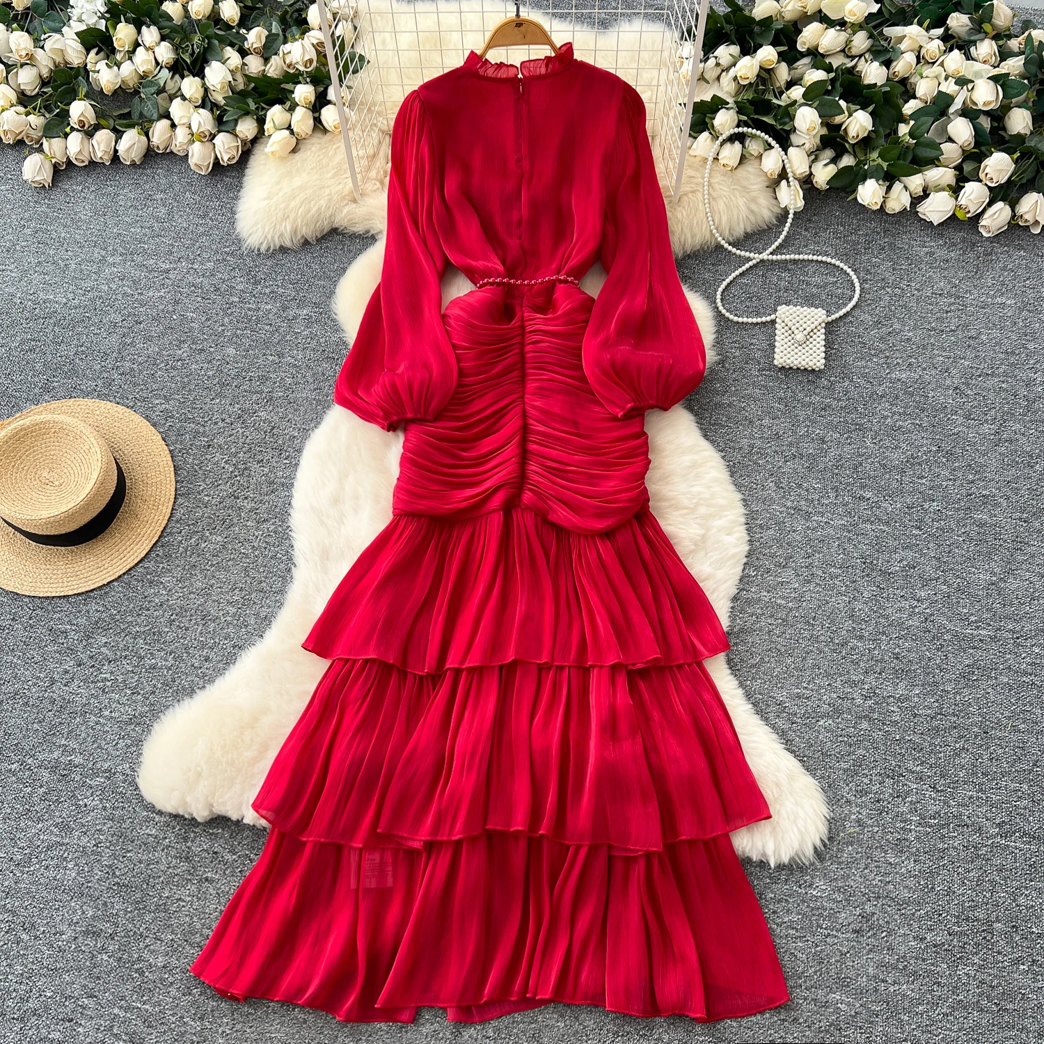 Vintage Elegant Spliced lace-up ruffle slim Dress Korean Fashion Long dress hotsweet Women Fashion Dresses