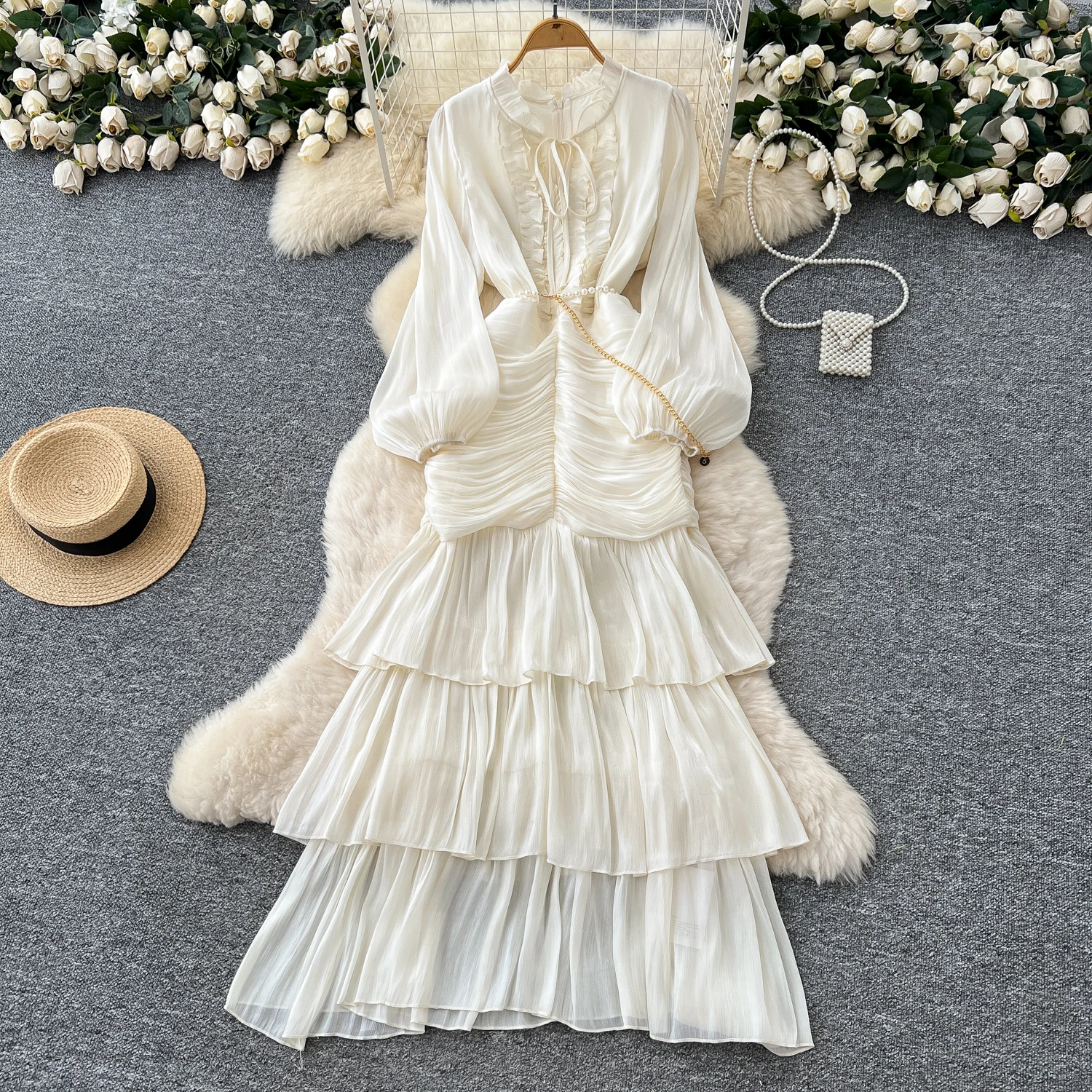 Vintage Elegant Spliced lace-up ruffle slim Dress Korean Fashion Long dress hotsweet Women Fashion Dresses