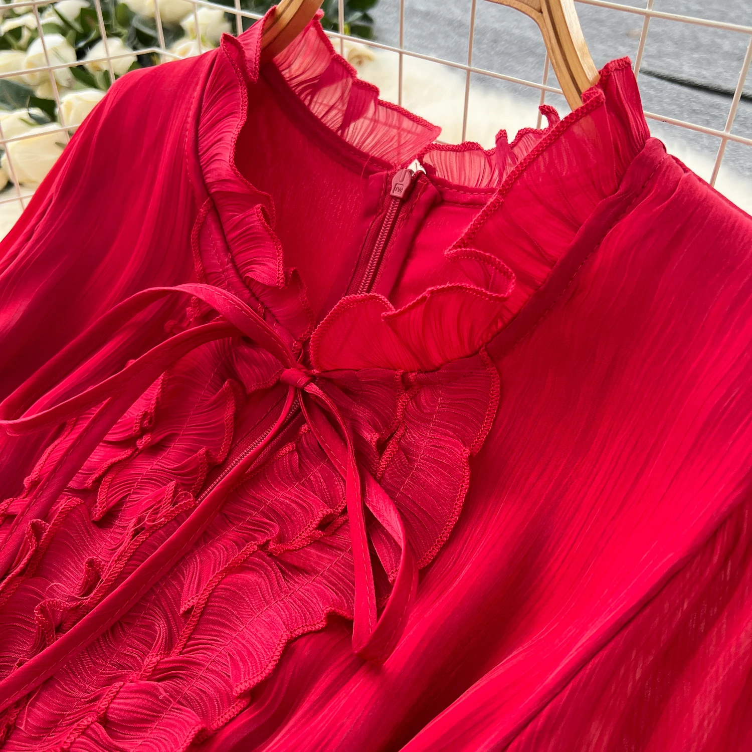 Vintage Elegant Spliced lace-up ruffle slim Dress Korean Fashion Long dress hotsweet Women Fashion Dresses