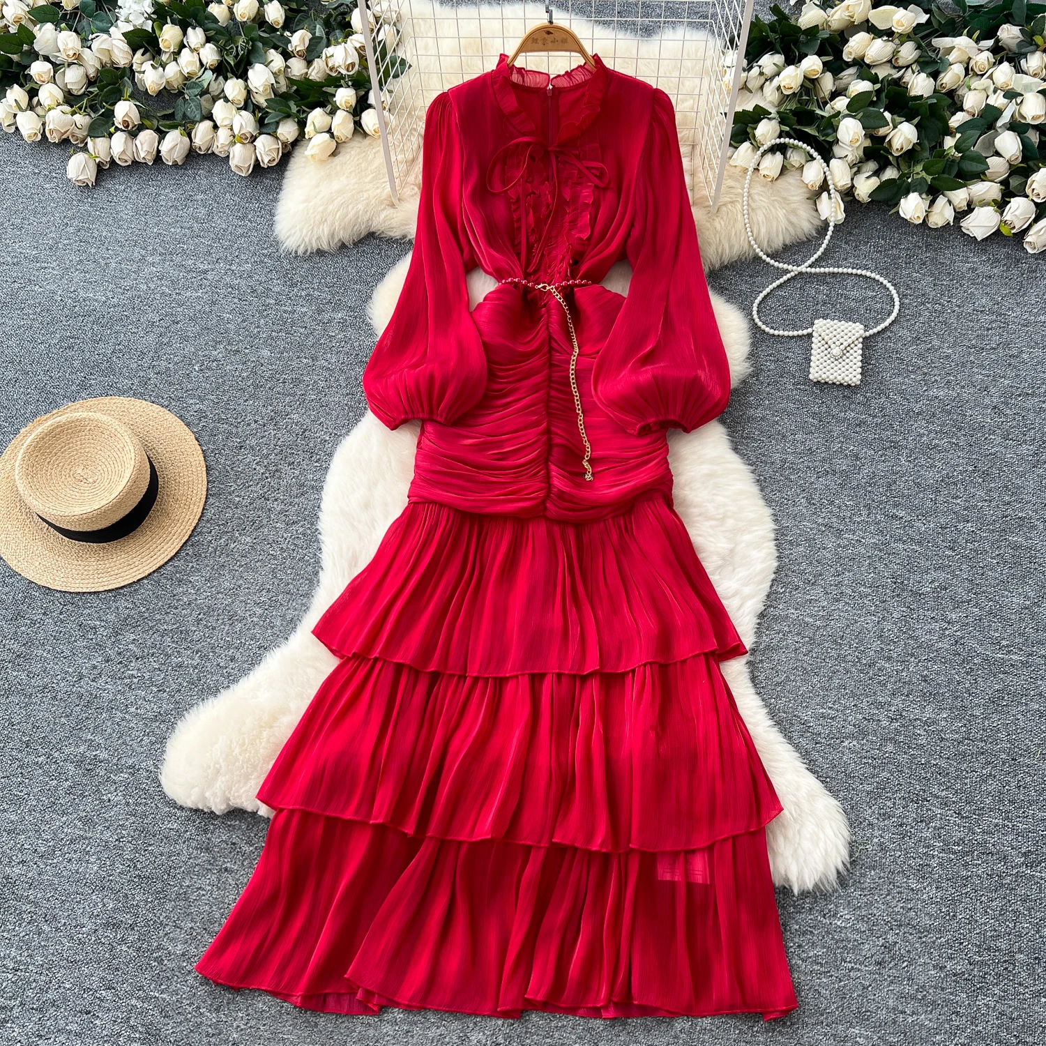 Vintage Elegant Spliced lace-up ruffle slim Dress Korean Fashion Long dress hotsweet Women Fashion Dresses